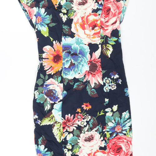 COTTON CLUB Womens Multicoloured Floral Cotton Pencil Dress Size 12 Round Neck Zip