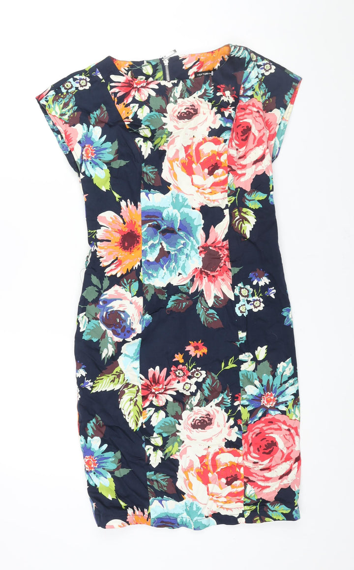 COTTON CLUB Womens Multicoloured Floral Cotton Pencil Dress Size 12 Round Neck Zip