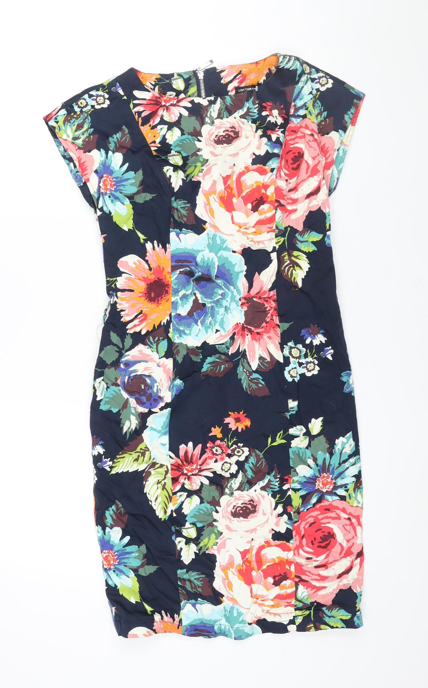 COTTON CLUB Womens Multicoloured Floral Cotton Pencil Dress Size 12 Round Neck Zip