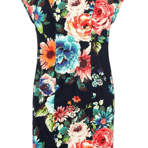 COTTON CLUB Womens Multicoloured Floral Cotton Pencil Dress Size 12 Round Neck Zip