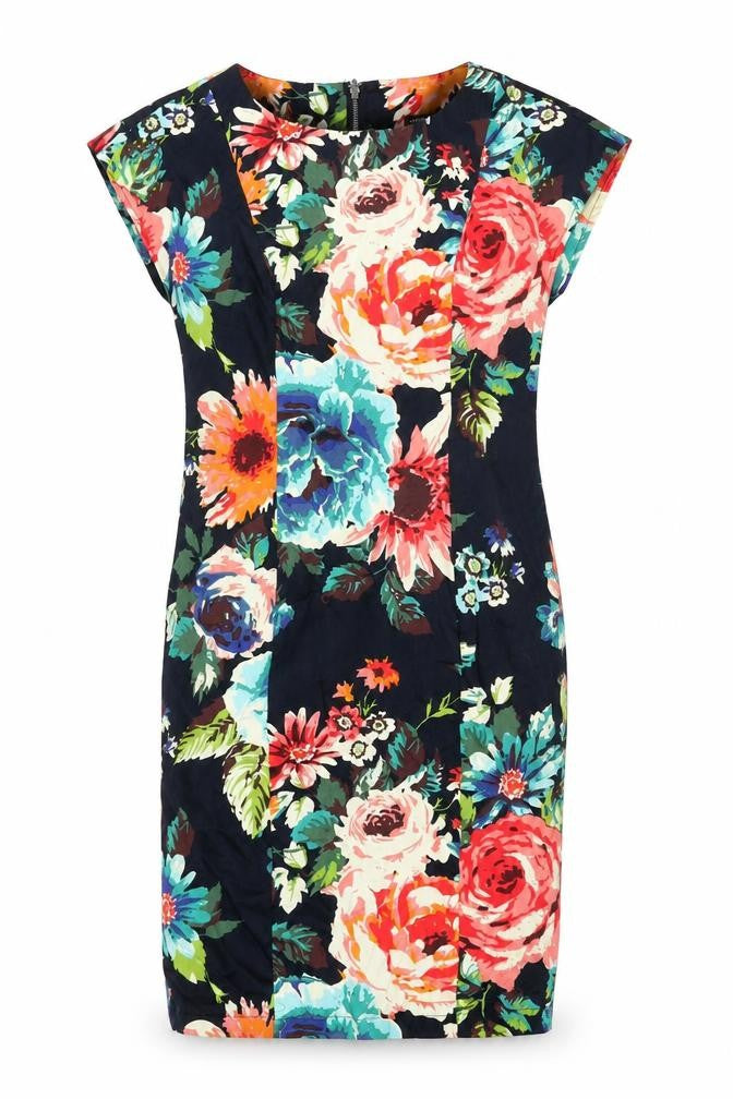 COTTON CLUB Womens Multicoloured Floral Cotton Pencil Dress Size 12 Round Neck Zip