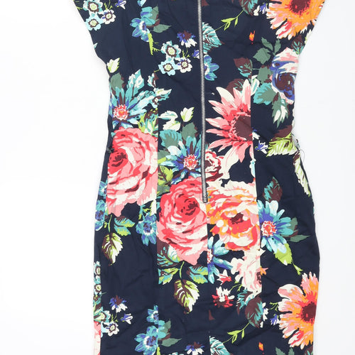 COTTON CLUB Womens Multicoloured Floral Cotton Pencil Dress Size 12 Round Neck Zip