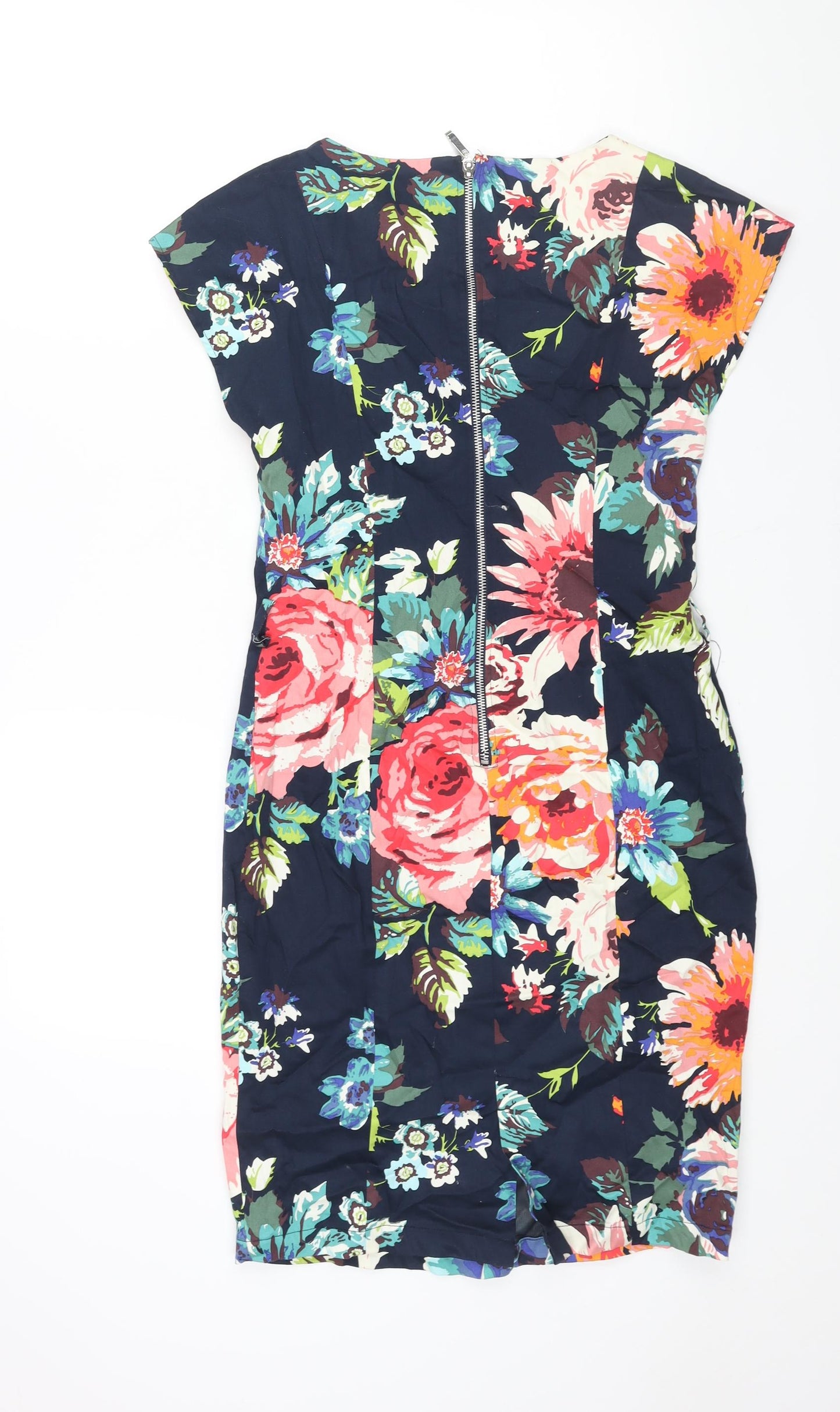 COTTON CLUB Womens Multicoloured Floral Cotton Pencil Dress Size 12 Round Neck Zip