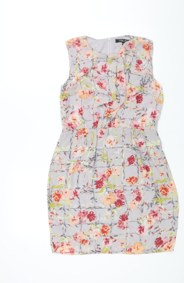 White Incity Womens Grey Floral Polyester Shift Size 18 Round Neck Zip