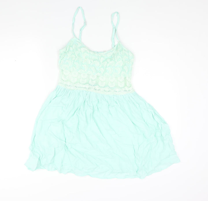 Topshop Womens Green Viscose A-Line Size 12 Scoop Neck Hook & Eye - Lace Bodice
