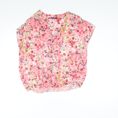 Marina Kaneva Womens Pink Floral Polyester Basic Blouse Size 12 V-Neck - Semi Sheer