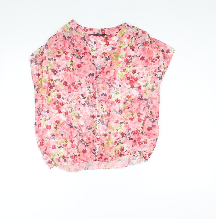 Marina Kaneva Womens Pink Floral Polyester Basic Blouse Size 12 V-Neck - Semi Sheer