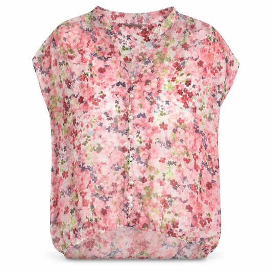 Front view of Marina Kaneva women’s pink floral polyester basic blouse, size UK 12, v-neck - semi sheer