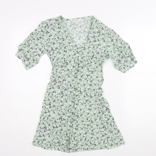 Miss Selfridge Womens Green Floral Viscose Mini Size 6 V-Neck Button - Belted