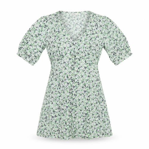 Miss Selfridge Womens Green Floral Viscose Mini Size 6 V-Neck Button - Belted