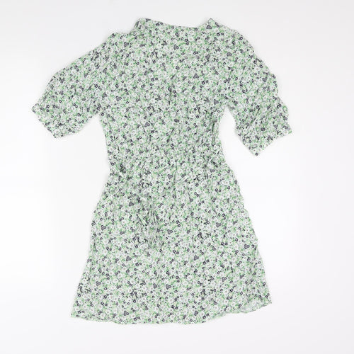 Miss Selfridge Womens Green Floral Viscose Mini Size 6 V-Neck Button - Belted