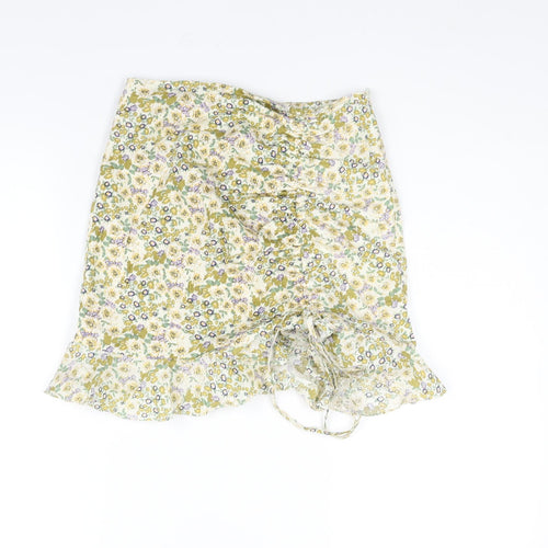 Boohoo Womens Multicoloured Floral Cotton Mini Skirt Size 6 Zip - Drawstring Rouched Frill