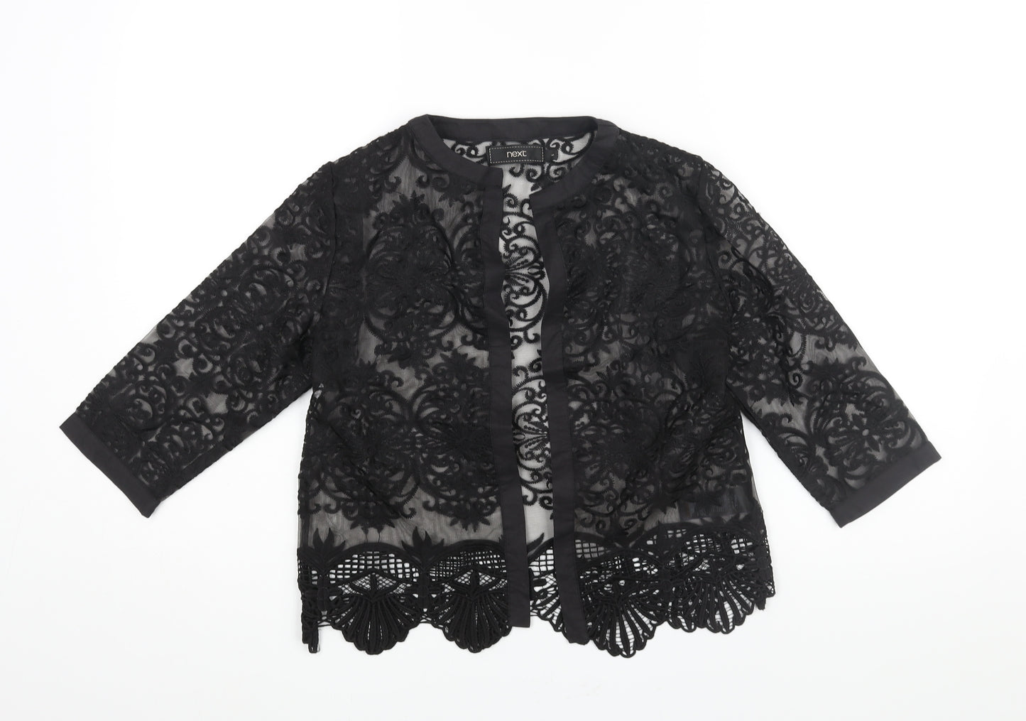 NEXT Womens Black Geometric Polyester Kimono Blouse Size S V-Neck - Semi Sheer Embroidered Lace Hem