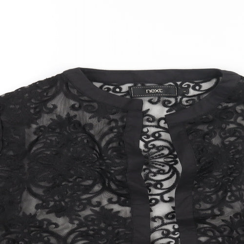 NEXT Womens Black Geometric Polyester Kimono Blouse Size S V-Neck - Semi Sheer Embroidered Lace Hem