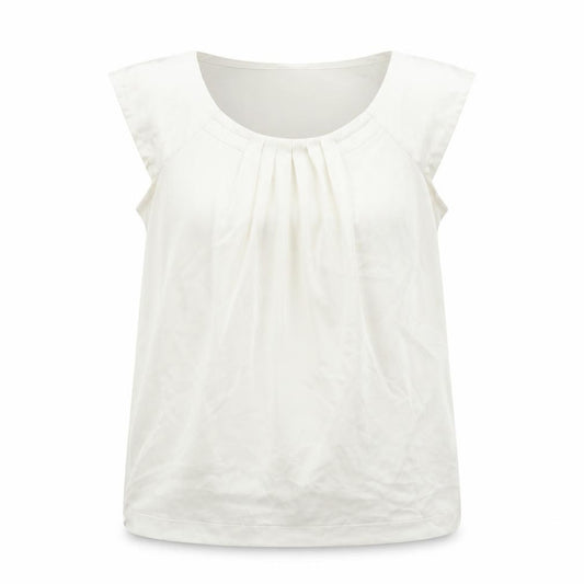 Front view of Marks & Spencer women’s ivory polyester basic blouse, size UK 12, round neck - pleat detail