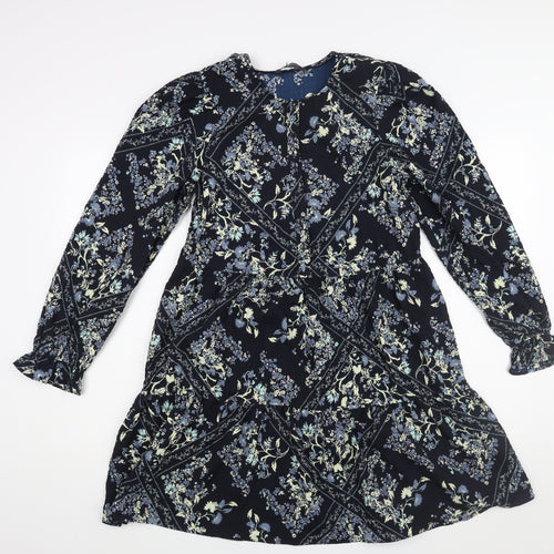 Marks and Spencer Womens Blue Geometric Polyester Shift Size 10 Round Neck Button - Floral Diamon Print Smocked