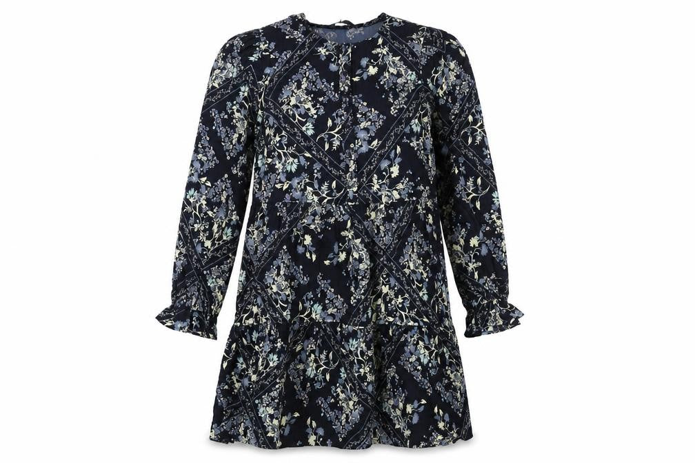 Marks and Spencer Womens Blue Geometric Polyester Shift Size 10 Round Neck Button - Floral Diamon Print Smocked