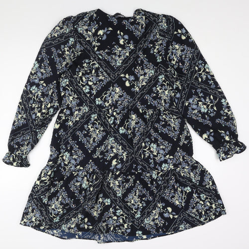Marks and Spencer Womens Blue Geometric Polyester Shift Size 10 Round Neck Button - Floral Diamon Print Smocked