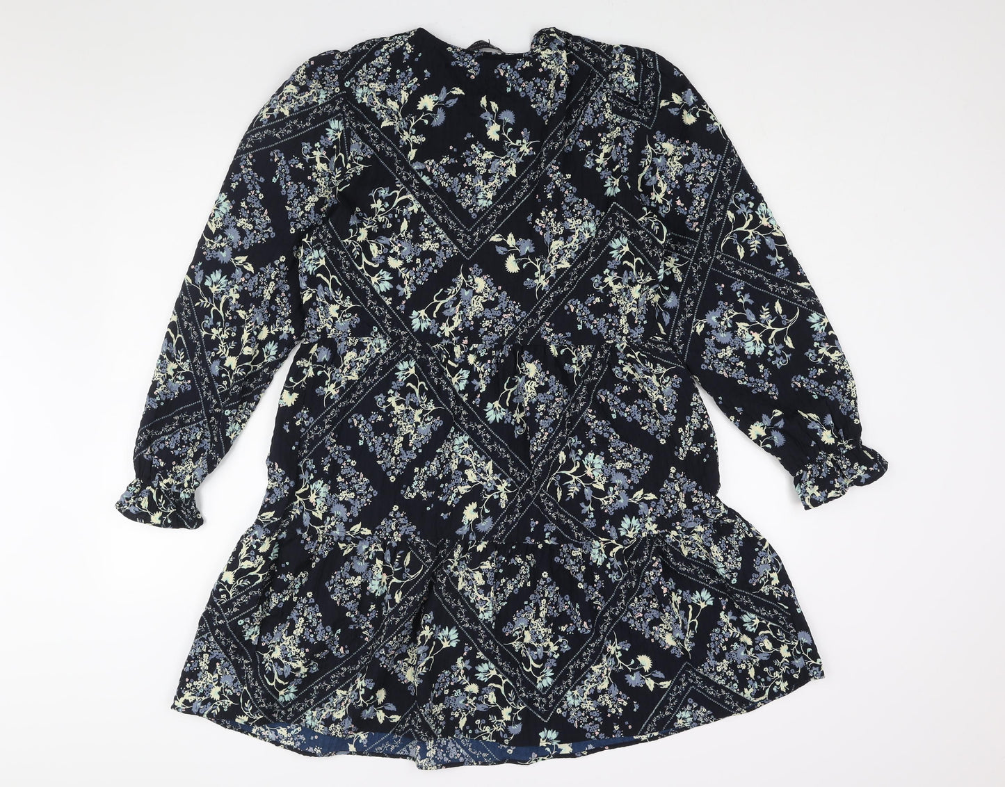 Marks and Spencer Womens Blue Geometric Polyester Shift Size 10 Round Neck Button - Floral Diamon Print Smocked