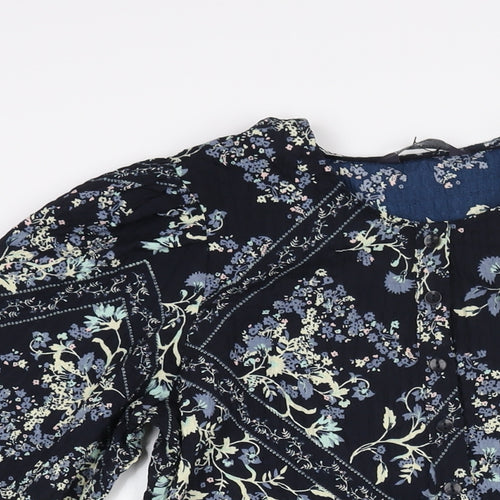 Marks and Spencer Womens Blue Geometric Polyester Shift Size 10 Round Neck Button - Floral Diamon Print Smocked