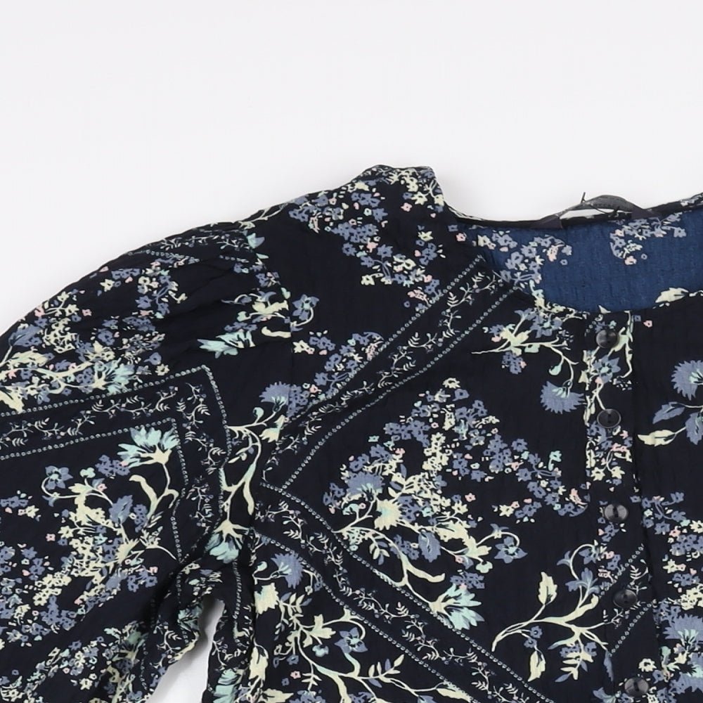 Marks and Spencer Womens Blue Geometric Polyester Shift Size 10 Round Neck Button - Floral Diamon Print Smocked