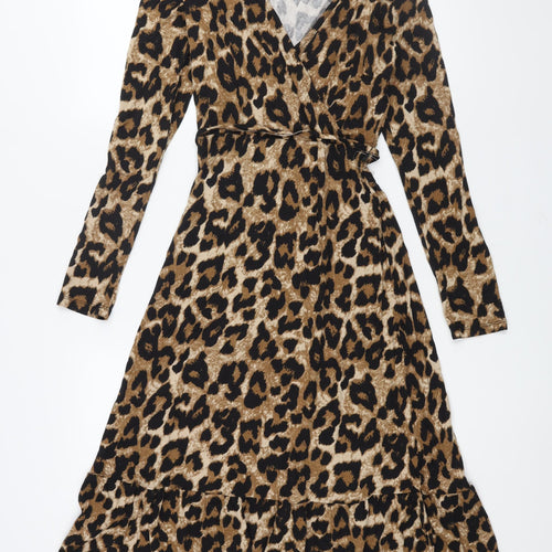 Marks and Spencer Womens Brown Animal Print Viscose A-Line Size 6 V-Neck Pullover - Belted Leopard Print