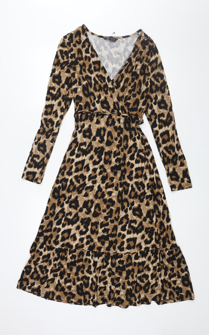 Marks and Spencer Womens Brown Animal Print Viscose A-Line Size 6 V-Neck Pullover - Belted Leopard Print