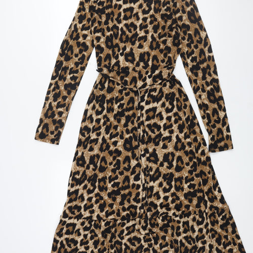 Marks and Spencer Womens Brown Animal Print Viscose A-Line Size 6 V-Neck Pullover - Belted Leopard Print