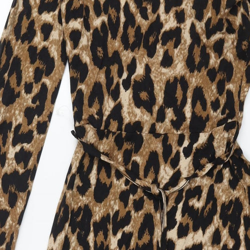Marks and Spencer Womens Brown Animal Print Viscose A-Line Size 6 V-Neck Pullover - Belted Leopard Print