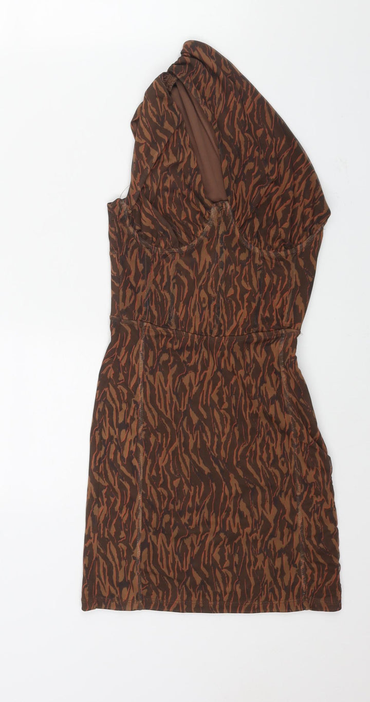 Bershka Womens Brown Geometric Polyester Mini Size XS One Shoulder Zip - Corset Bodice