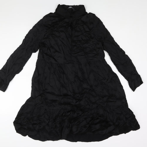 Zara Womens Black Polyester A-Line Size XS Collared Button - Smocked