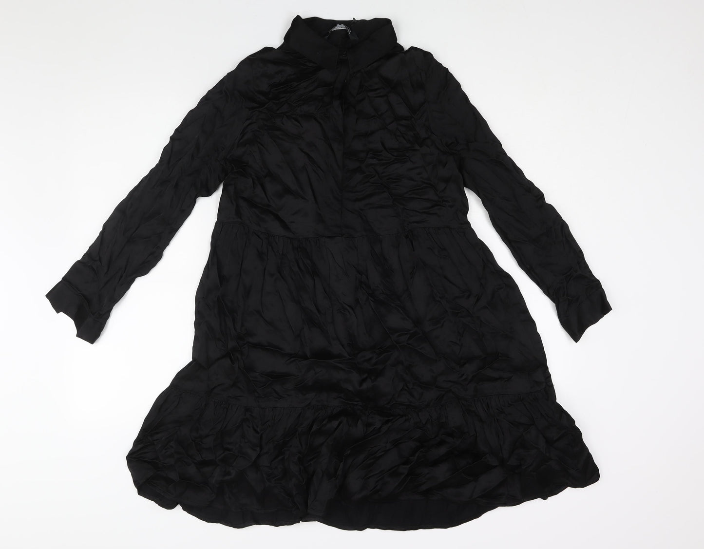 Zara Womens Black Polyester A-Line Size XS Collared Button - Smocked