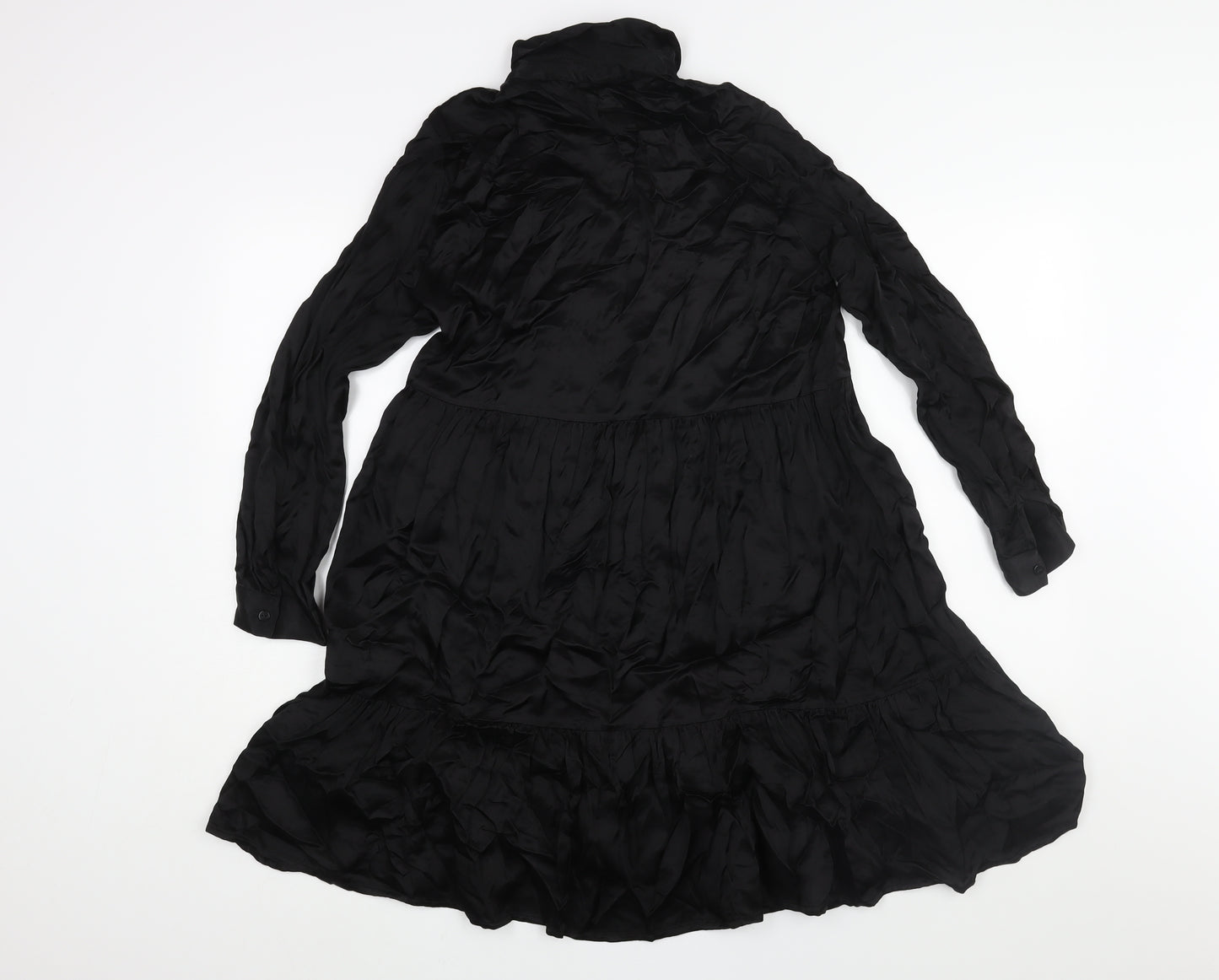 Zara Womens Black Polyester A-Line Size XS Collared Button - Smocked