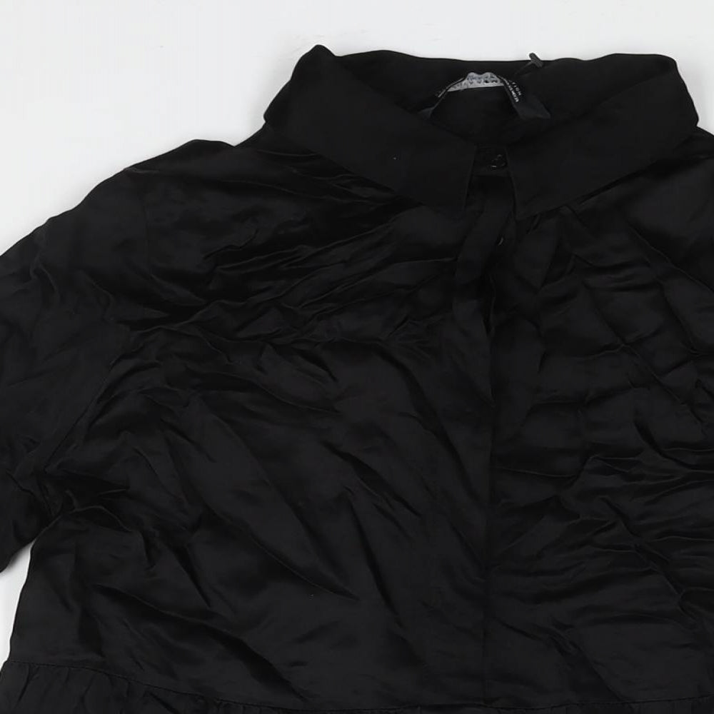 Zara Womens Black Polyester A-Line Size XS Collared Button - Smocked