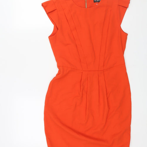 Miss Selfridge Womens Orange Polyester Shift Size 10 Round Neck Zip - Pleat Detail