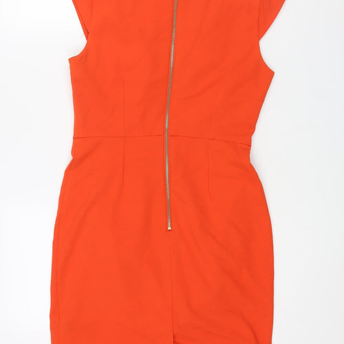 Miss Selfridge Womens Orange Polyester Shift Size 10 Round Neck Zip - Pleat Detail