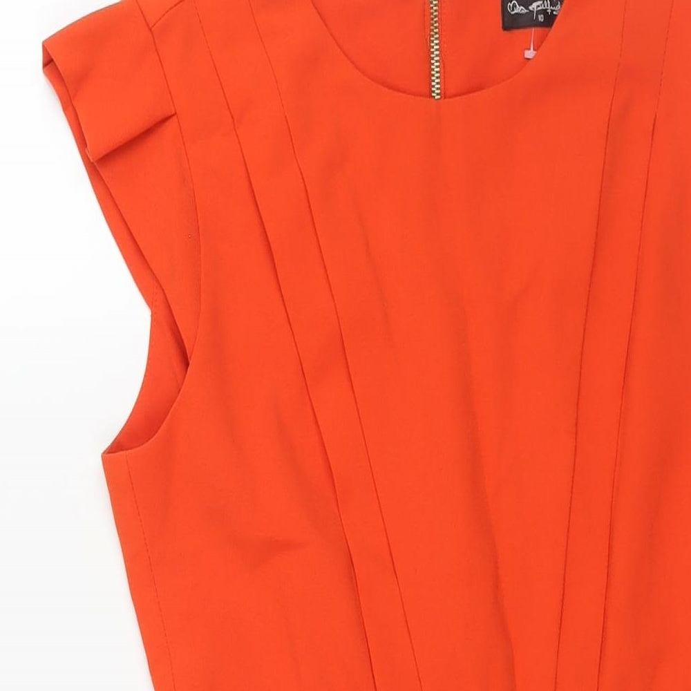Miss Selfridge Womens Orange Polyester Shift Size 10 Round Neck Zip - Pleat Detail