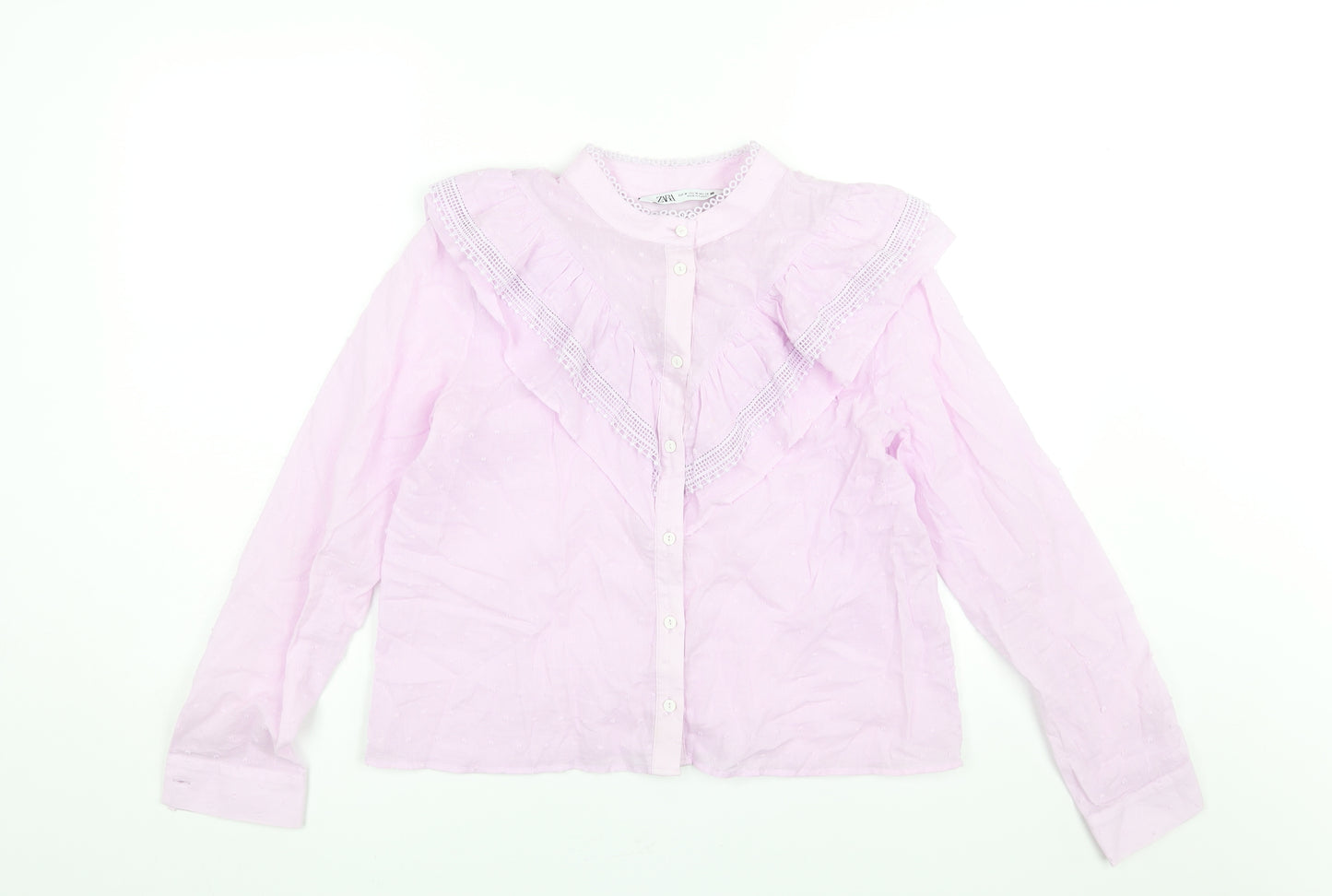 Zara Womens Purple Cotton Basic Blouse Size M Round Neck - Frill Lace Trim