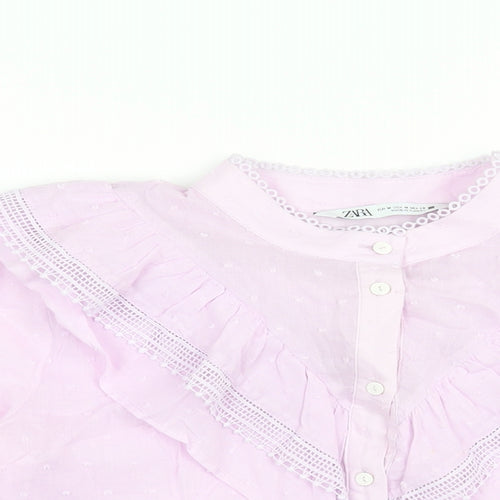 Zara Womens Purple Cotton Basic Blouse Size M Round Neck - Frill Lace Trim