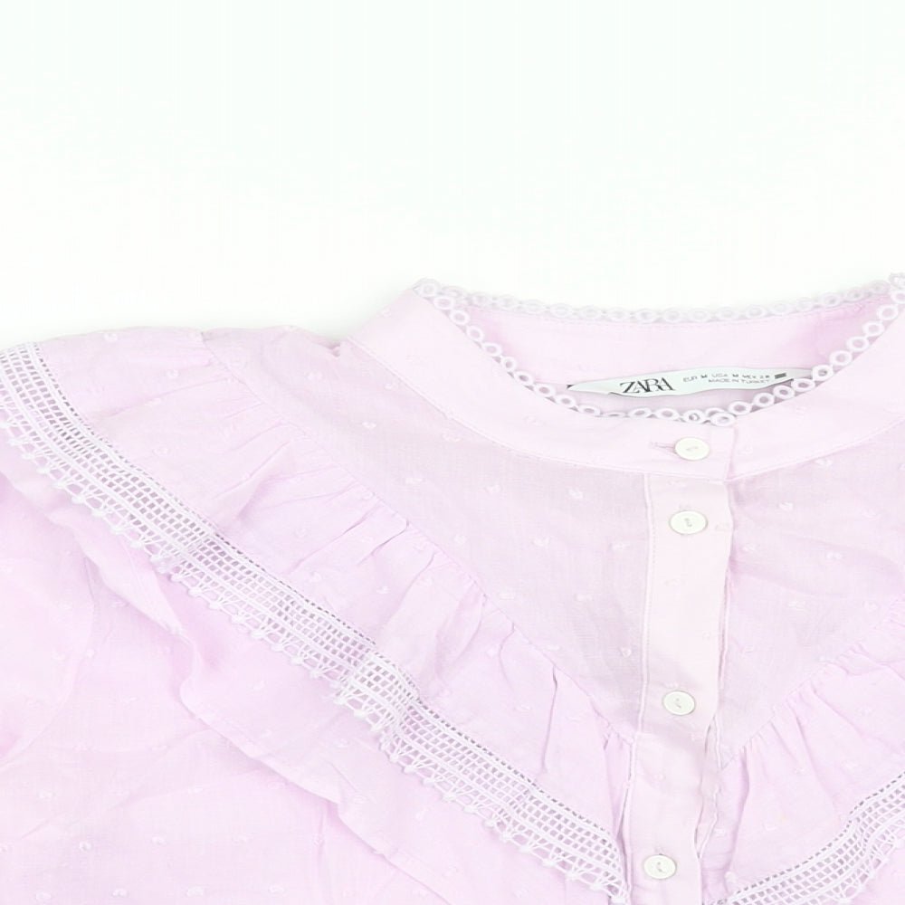 Zara Womens Purple Cotton Basic Blouse Size M Round Neck - Frill Lace Trim
