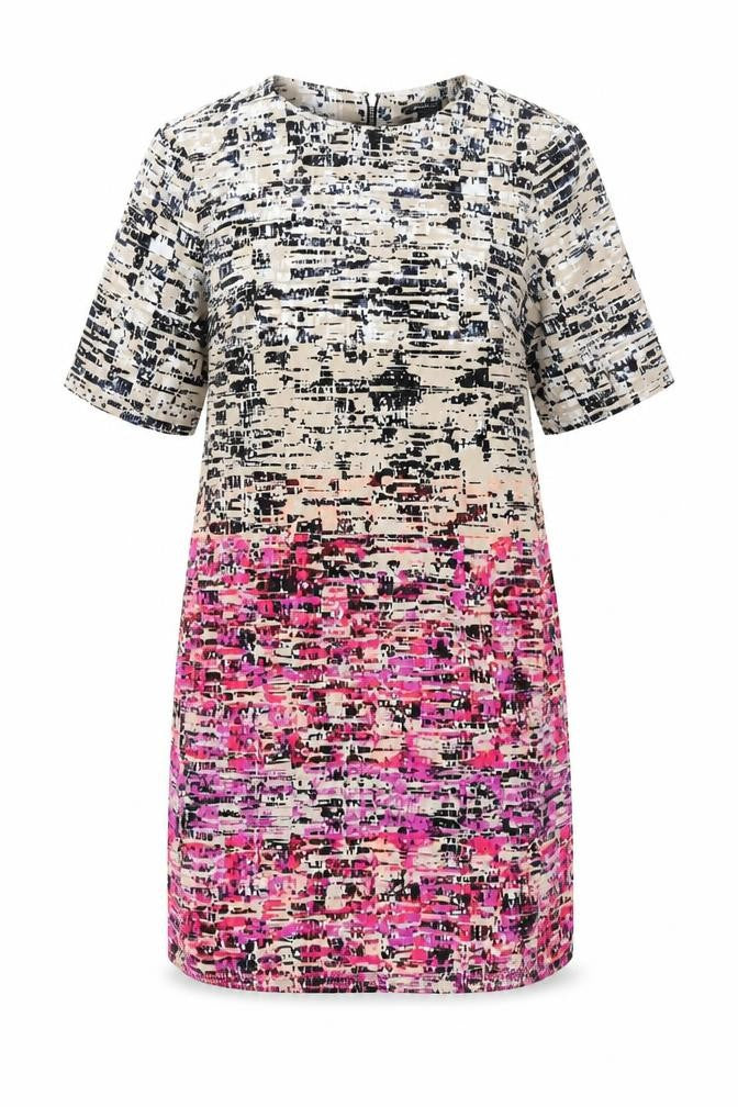 Front view of Warehouse women’s multicoloured geometric polyester shift, size UK 12, round neck zip
