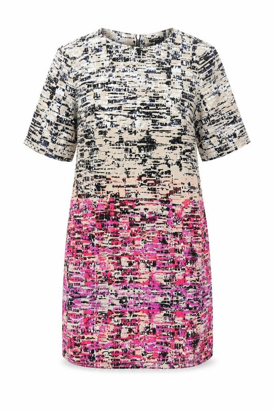 Front view of Warehouse women’s multicoloured geometric polyester shift, size UK 12, round neck zip