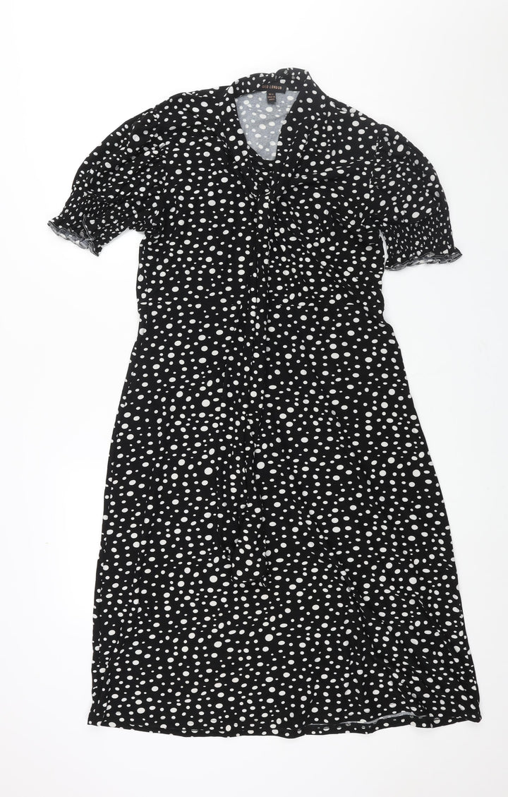 QED London Womens Black Geometric Polyester Shift Size M Round Neck Pullover - Tie Detail Spotted