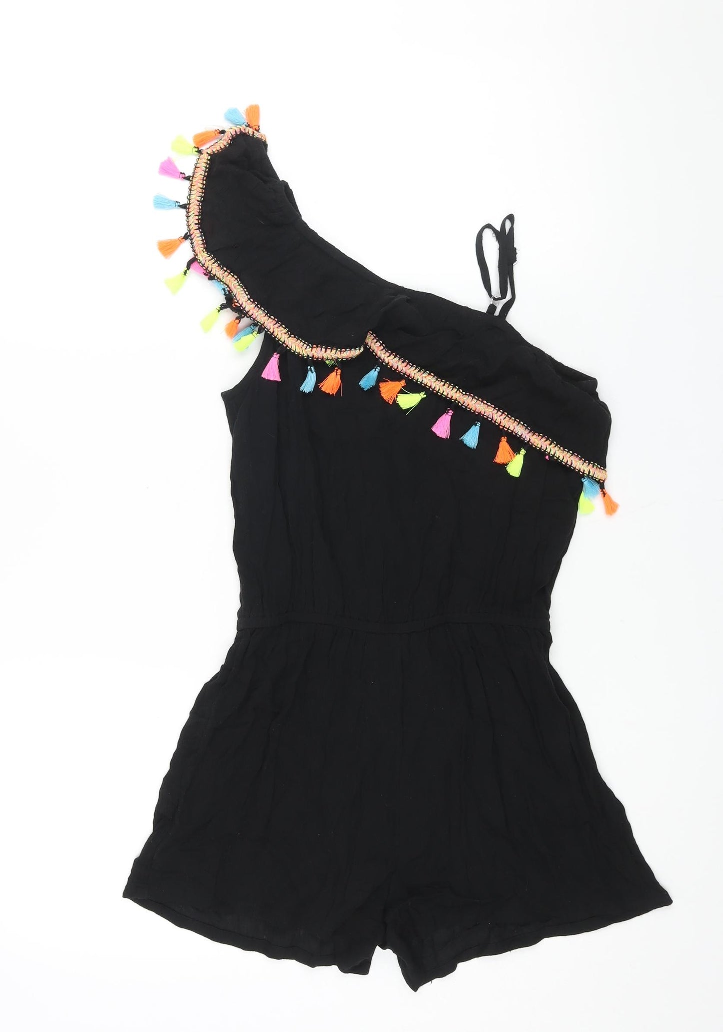Monsoon Girls Black Viscose Playsuit One-Piece Size 11-12 Years Pullover - Multicoloured Tassle Detail