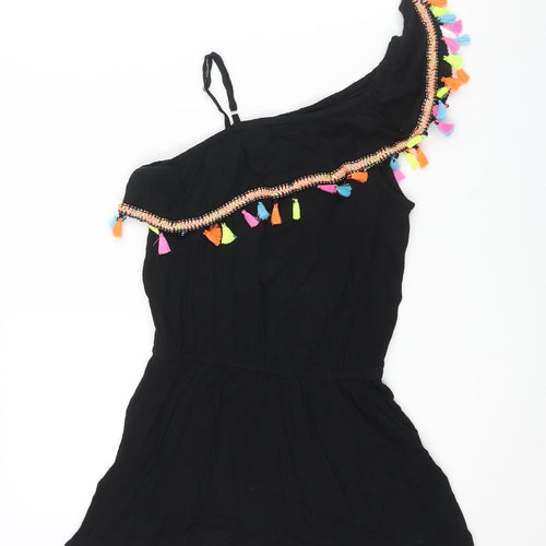 Monsoon Girls Black Viscose Playsuit One-Piece Size 11-12 Years Pullover - Multicoloured Tassle Detail