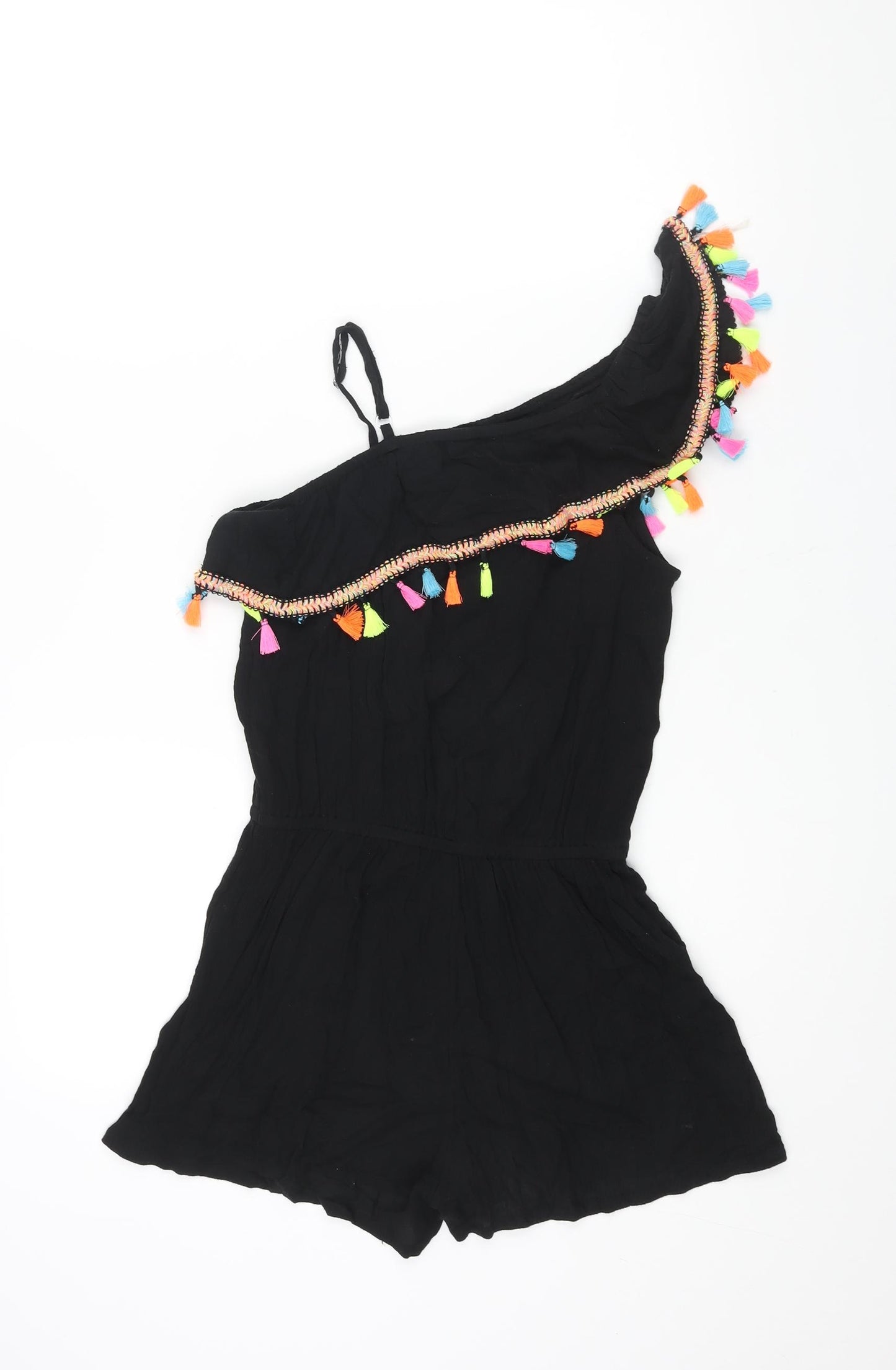 Monsoon Girls Black Viscose Playsuit One-Piece Size 11-12 Years Pullover - Multicoloured Tassle Detail