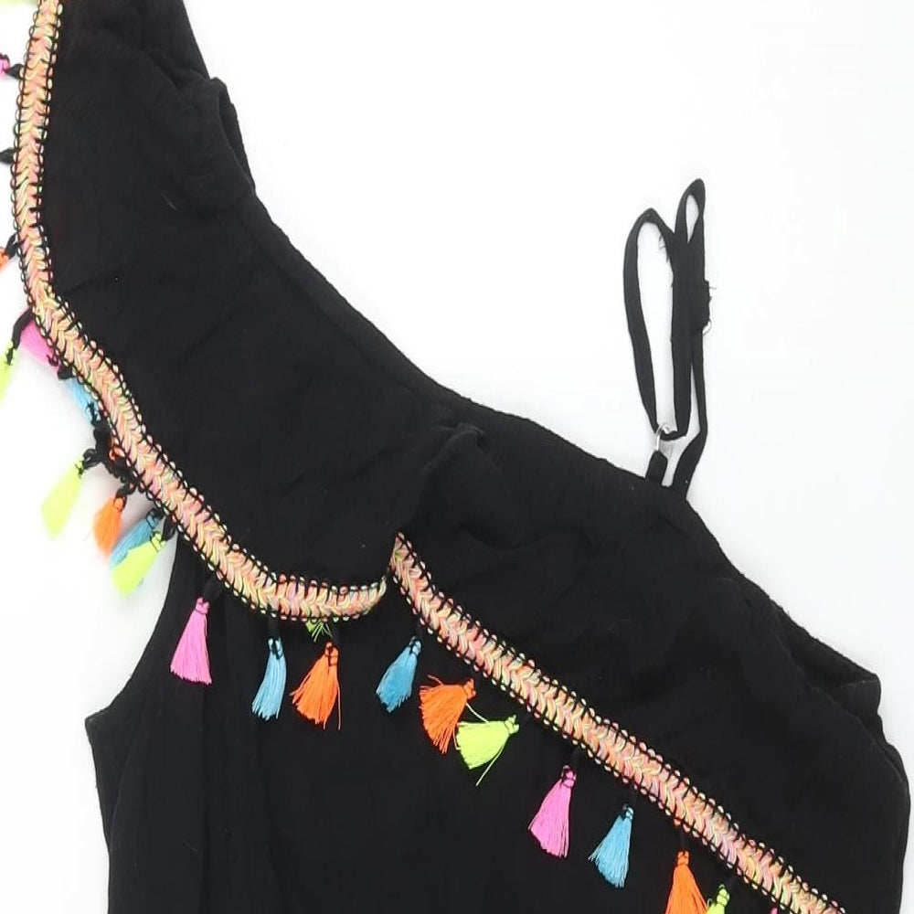 Monsoon Girls Black Viscose Playsuit One-Piece Size 11-12 Years Pullover - Multicoloured Tassle Detail