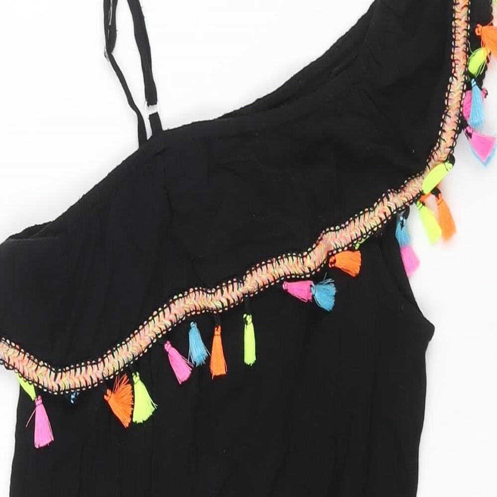 Monsoon Girls Black Viscose Playsuit One-Piece Size 11-12 Years Pullover - Multicoloured Tassle Detail