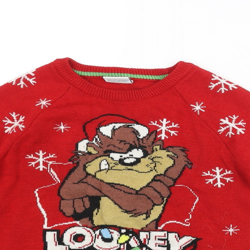 Looney Tunes Boys Red Mock Neck Acrylic Pullover Jumper Size 4-5 Years Pullover - Tasmanian Devil Looney Tunes Christmas