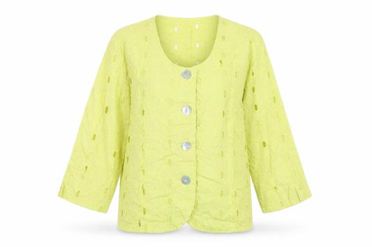 Front view of Adini women’s green geometric jacket, size L, button - embroidered cut out